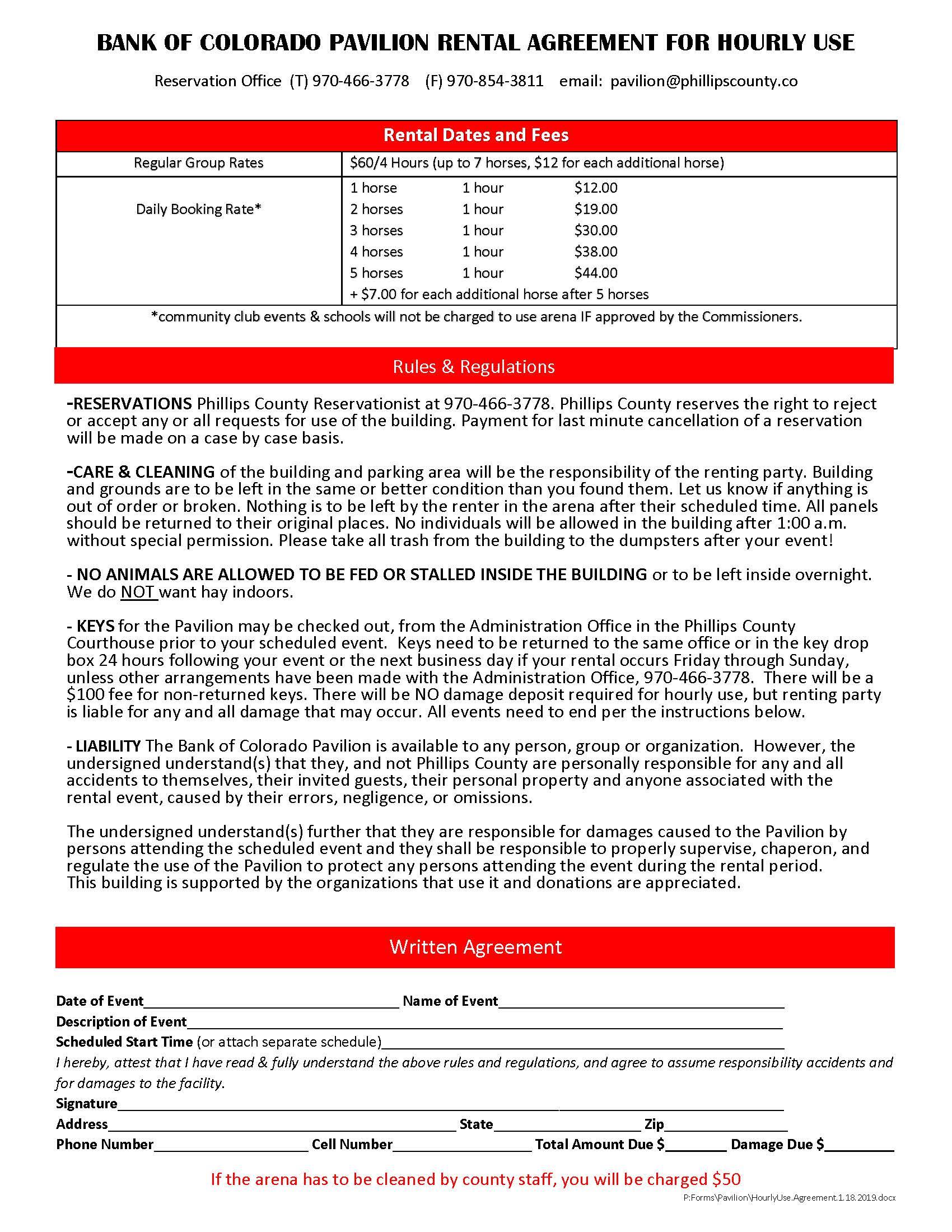 Pavilion hourly use agreement